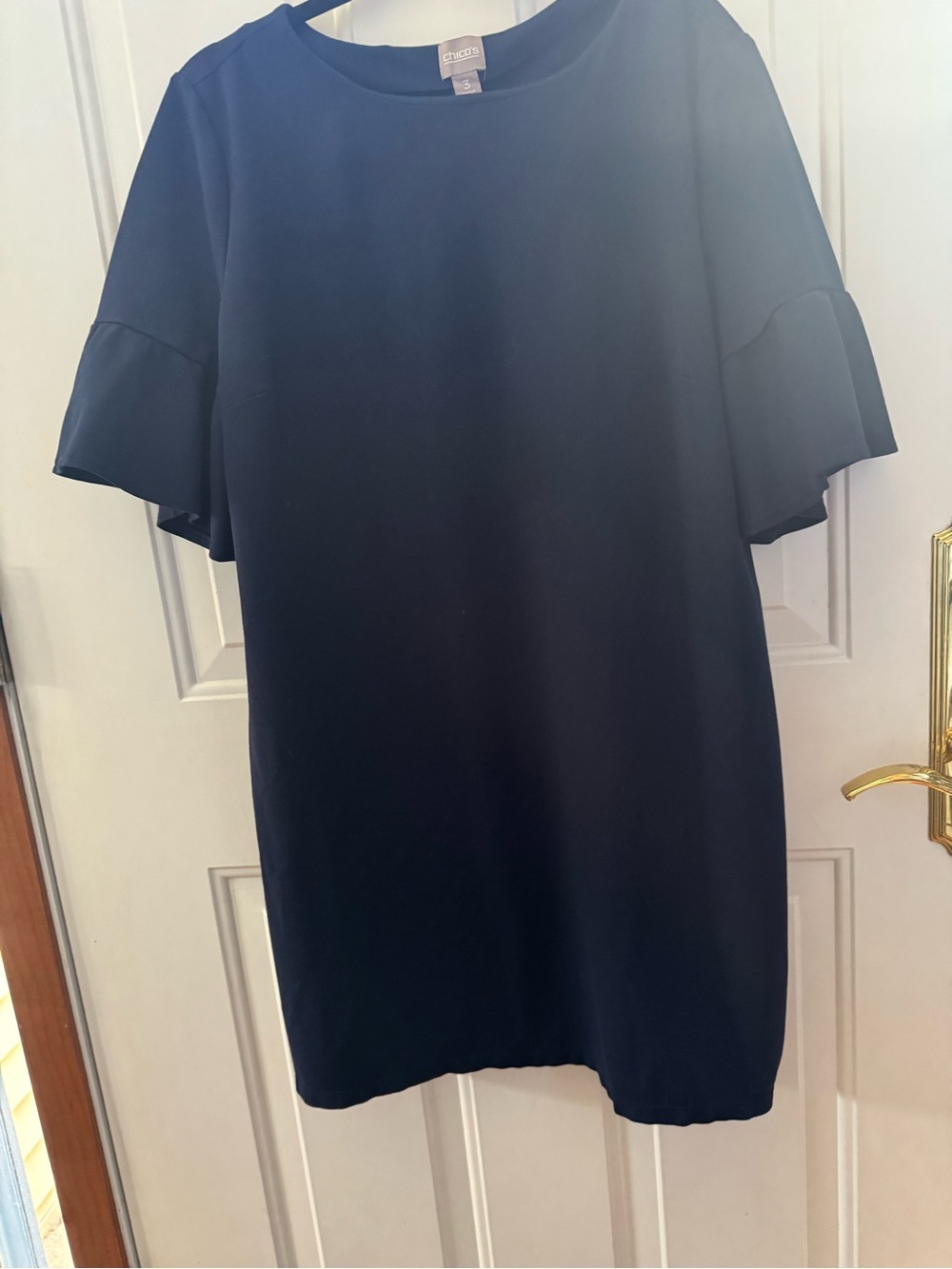 Chico's Navy Blue Midi Dress with Ruffle Sleeves
